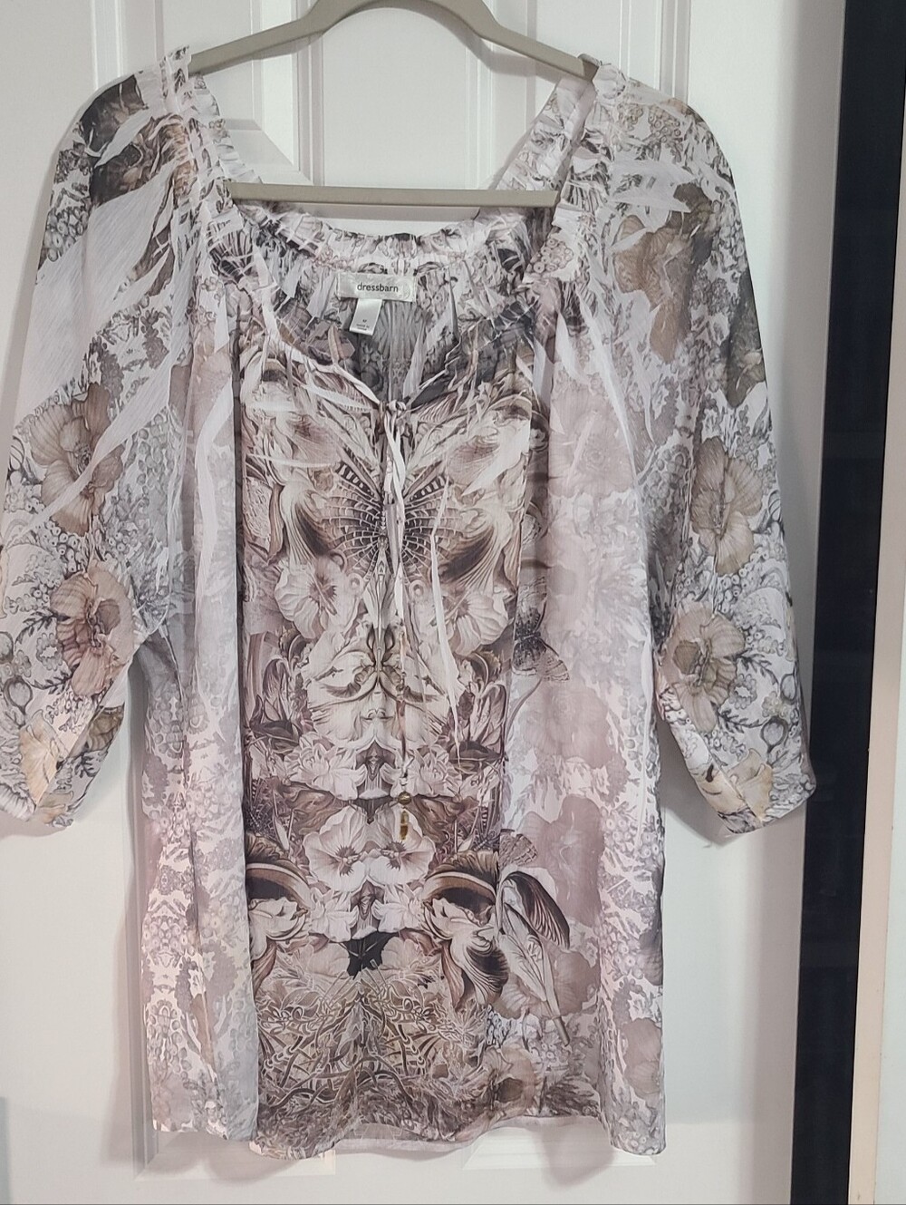 dressbarn Beige Floral Sheer Peasant Blouse with Tie Neck